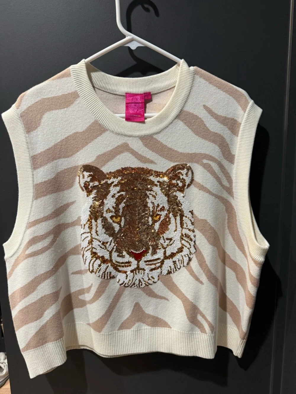 QUEEN OF SPARKLES Cream and Tan Tiger Sequin Knit Tank - Picture 1 of 9